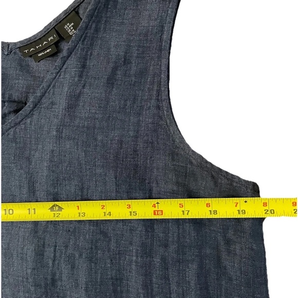 Tahari Women's Size Medium Blue Linen Dress Sleeveless V Neck Shirt Dress - Picture 6 of 7